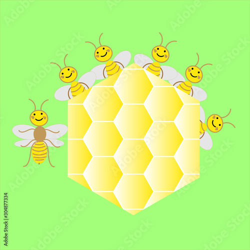 kawaii style bees with honeycomb on green background for fabric and Wallpaper