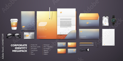 Corporate branding identity mockup set for company. Orange vector logo template and stationary megapack mockup. Folder and A4 letter, envelope and visiting cards. Minimalistic design.