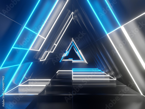Futuristic tunnel triangular shape with blue and white neon lights 3D rendered with depth of field