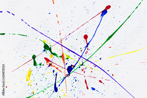 Abstract blue green purple orange red and yellow watercolor splashing art work on white paper background textures. intersperse rainbow color hand drawn pattern