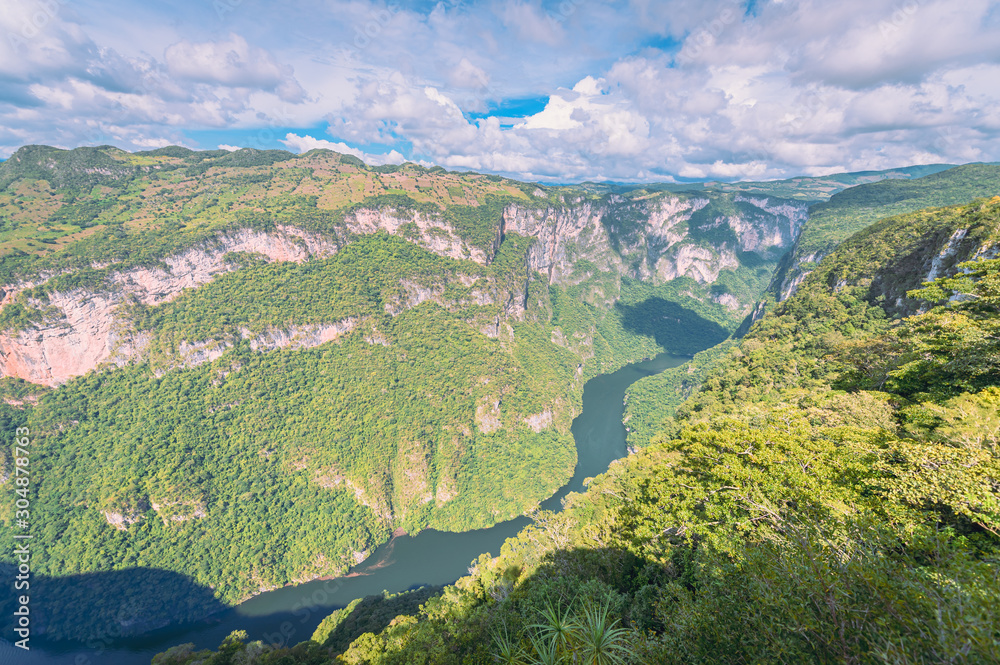 View of the heights of the Cañon Del Sumidero through which the river Grijalva crosses, in the background a clear sky
