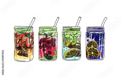 Hand drawn vector summer ice drink with citrus and berries. Lemon and mint. Detox water sketch. Linear illustration.