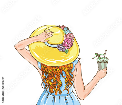Horse racing competition. Vector illustration. Derby. Woman with cocktail in hat.
