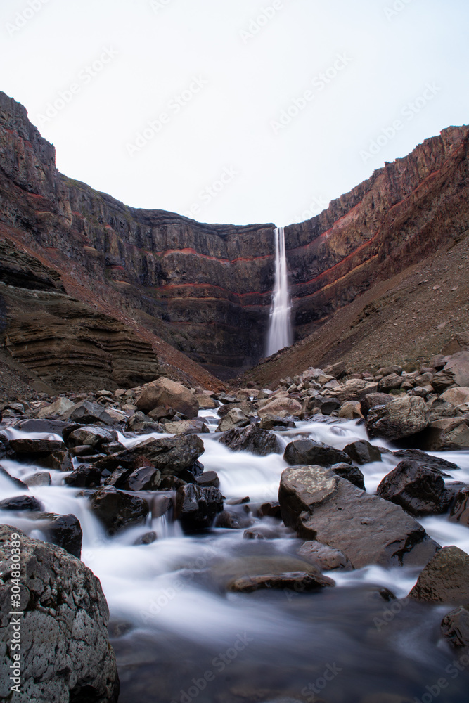 Long exposure of majestic Hengifoss waterfall, Egilsstadir, Iceland
