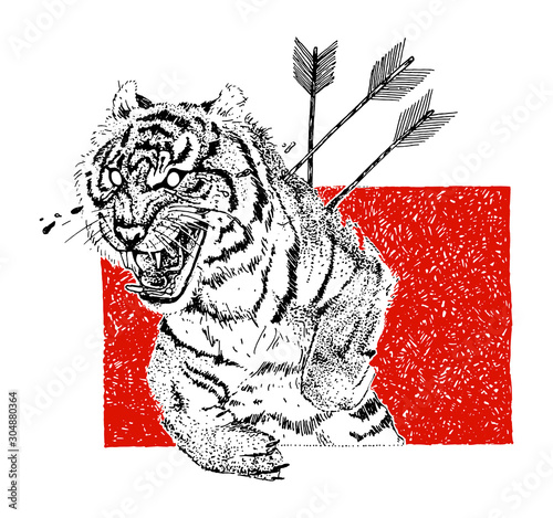 Hand drawn aggressive tiger with arrows and tears. Tattoo theme. Vector sketch illustration.