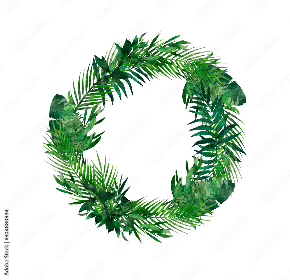 Tropical leaves frame. Circle frame. Watercolor illustration on white. Colorful floral round frame with colorful tropical leaves. Tropical forest collection.Perfect for wedding, card ,quotes Tropical leaves frame. Circle frame. Watercolor illustration on white. Colorful floral round frame with colorful tropical leaves. Tropical forest collection.Perfect for wedding, card ,quotes