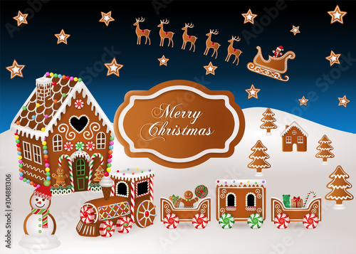 christmas background with gingerbread house, gingerbread train,  gingerbread sled and christmas candies