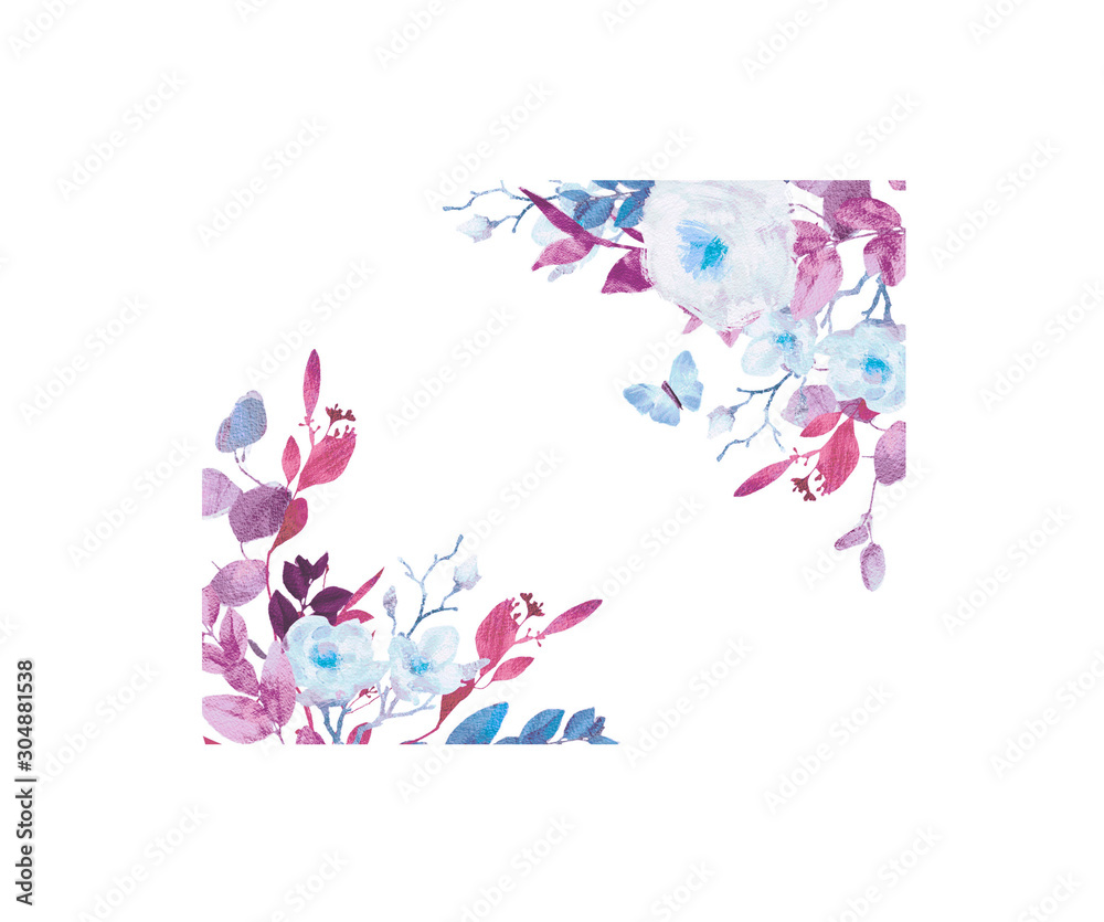 Hand-painted watercolor floral wreath on white background.Wreath, floral frame, watercolor flowers, peonies and roses, Illustration hand painted. Isolated on white background.
