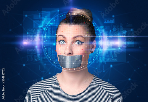 Biometric verification - woman face detection, high technology concept