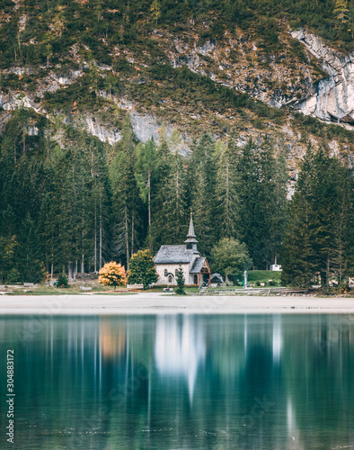 Capella Lago di Braies at Lake Braies, Province of Bolzano, Trentino Alto Adige, Italy