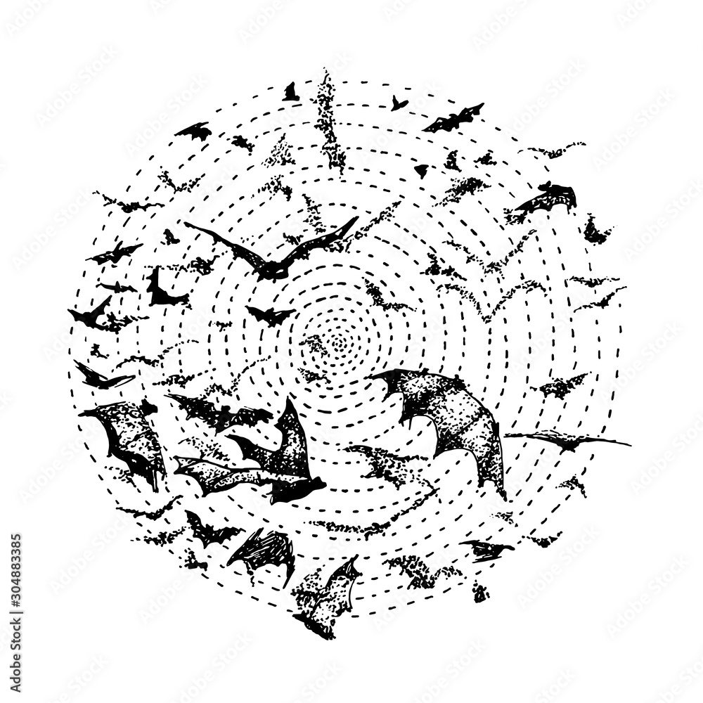 a flock of black bats on a white background, curled around. Hand drawn vector illustration. Swarm of bats on the white background.
