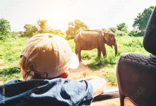 Canvas Print Little tourist boy looking at elephant calf and enjoying his jeep safari activit