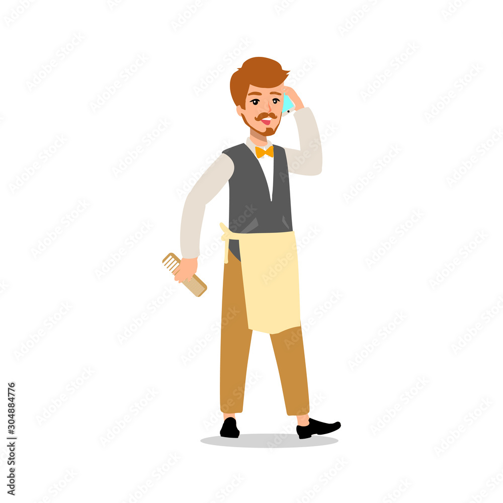 Set of vector flat style character barber guy in different static poses. Isolated on white background.