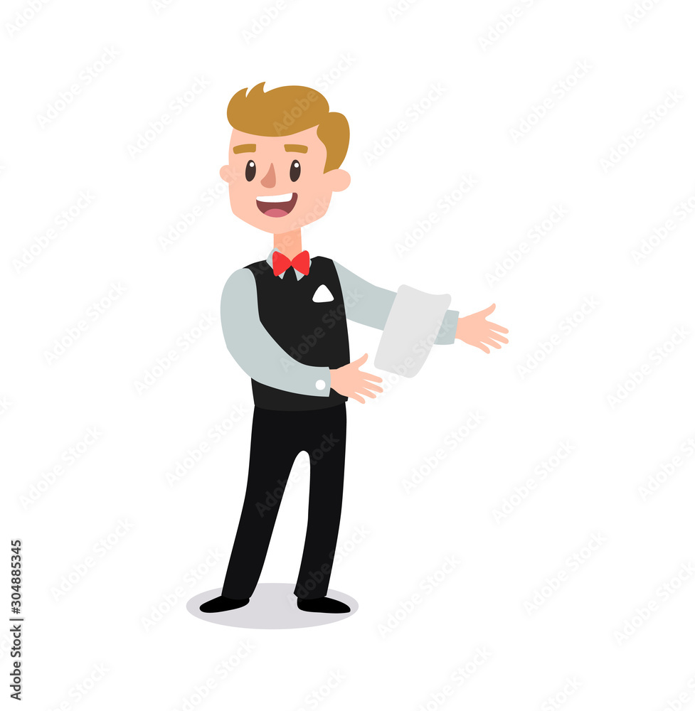 waiter wearing the uniform holding a dish of chicken cartoon character. Set of fun flat cartoon person. Isolated on white background. waiter wearing the uniform holding a dish of chicken cartoon character. Set of fun flat cartoon person. Isolated on white background.