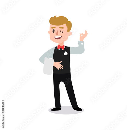 waiter wearing the uniform holding a dish of chicken cartoon character. Set of fun flat cartoon person. Isolated on white background.