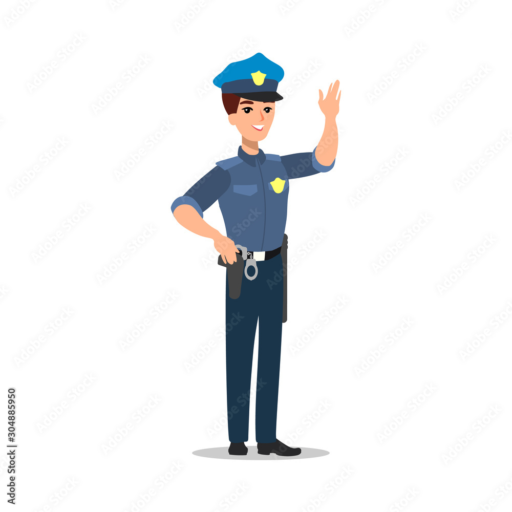 Policeman character set. Full length officer, different views, emotions, gestures, professional tools and attributes. Cartoon flat illustration. Isolated on white background.