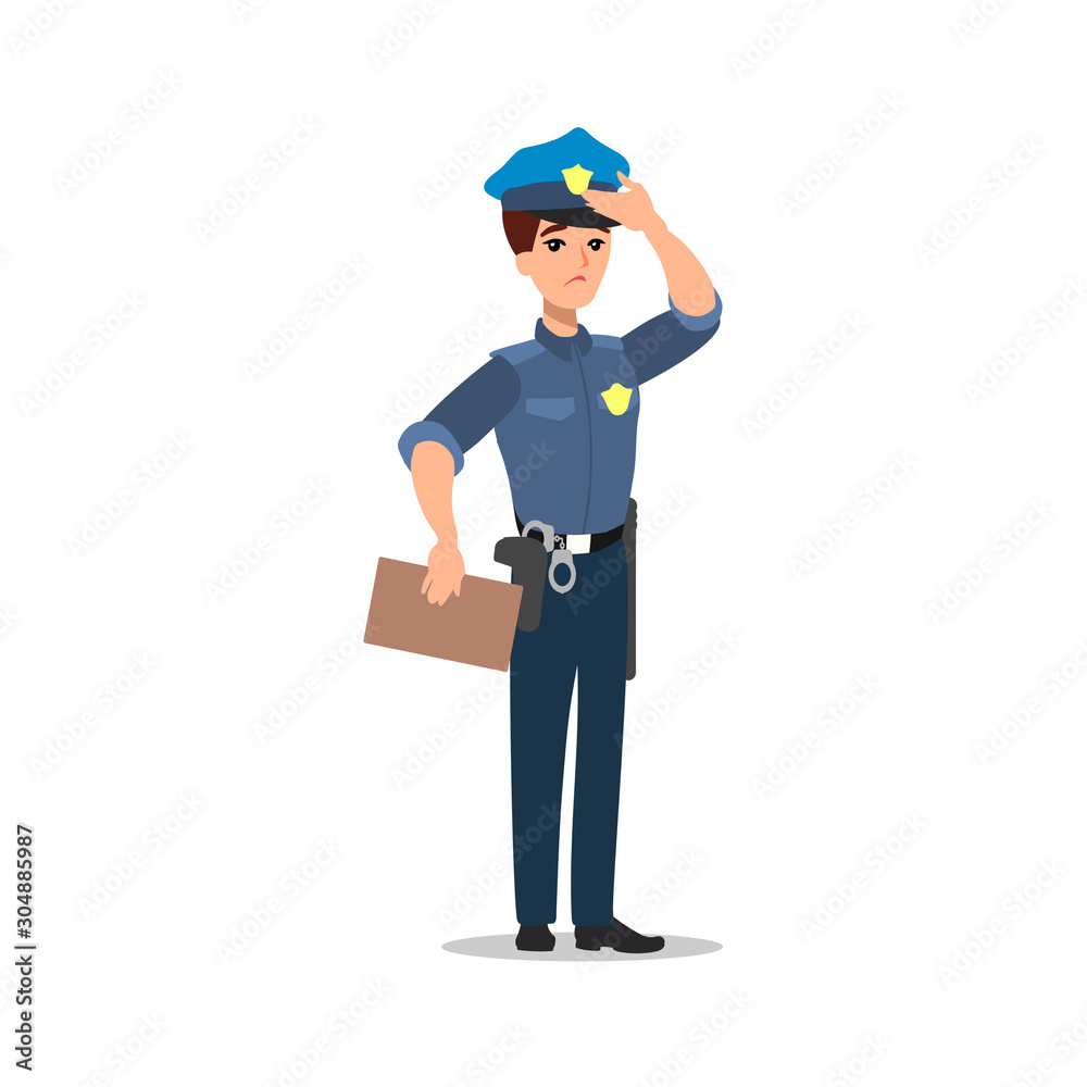 Policeman character set. Full length officer, different views, emotions, gestures, professional tools and attributes. Cartoon flat illustration. Isolated on white background.