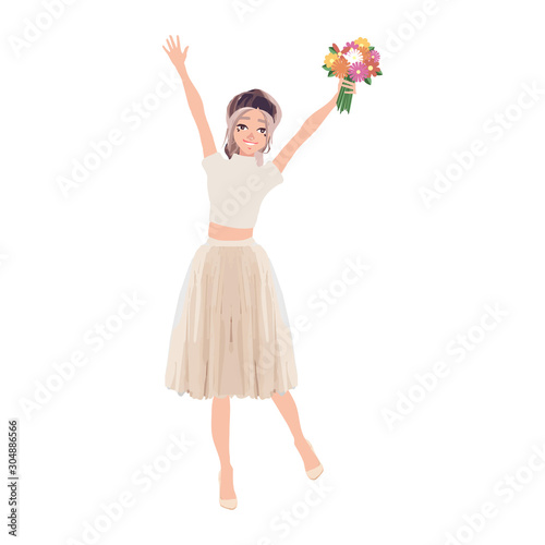 Beautiful woman, girls, friends standing, holding bunches of flowers, cartoon vector illustration isolated on white background. Happy smiling girls, women, friends holding bunches of flowers.