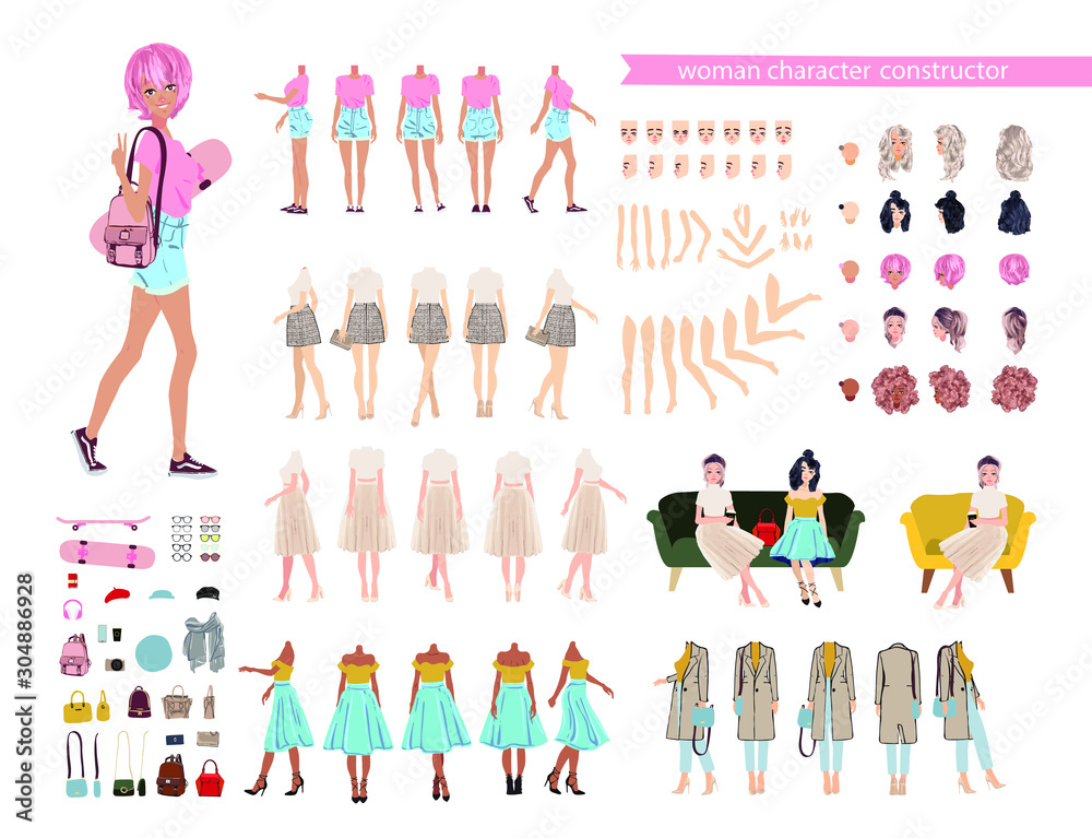 Animate woman character. Young lady personage constructor. Different postures, hairstyle, face, legs, hands, clothes, accessories collection. Set vector person. Girlfriends.Cartoon animated personas Animate woman character. Young lady personage constructor. Different postures, hairstyle, face, legs, hands, clothes, accessories collection. Set vector person. Girlfriends.Cartoon animated personas