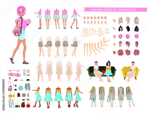  Animate woman character. Young lady personage constructor. Different postures, hairstyle, face, legs, hands, clothes, accessories collection. Set vector person. Girlfriends.Cartoon animated personas