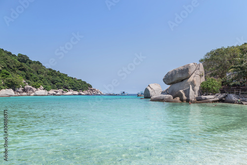  Landscape view beach of Koh Nang Yuan Island under blue sky in summer day Koh Nang Yuan Island is most popular famous tourist attractions in the gulf of Thailand, Samui, Surat Thani, Thailand 