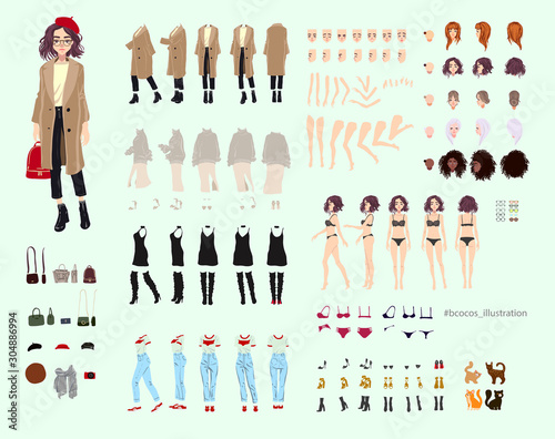 Fototapeta Naklejka Na Ścianę i Meble -  Animate character. Young lady character constructor. Different woman postures, hairstyle, face, legs, hands, clothes, accessories collection. Vector cartoon illustration.
