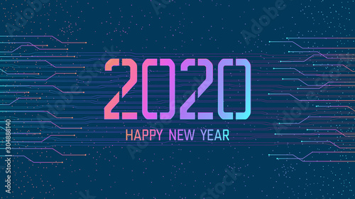 Happy new year 2020 in abstract technology circuit board on dark blue color background