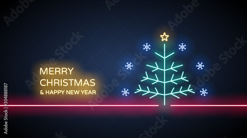 Neon light of Merry Christmas tree and happy new year on blue color background