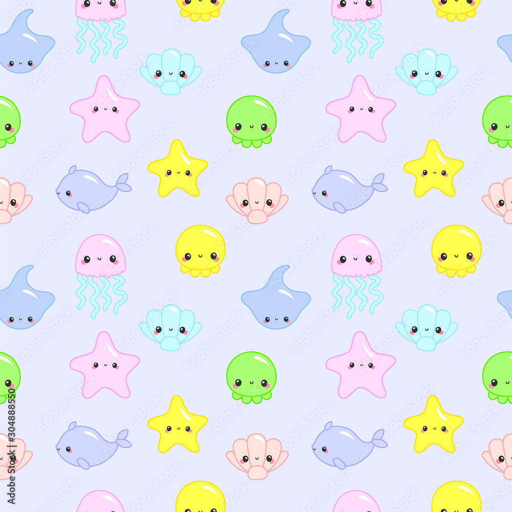 Seamless pattern with funny sea animals. Vector illustration with adorable fish, jelly, crab, seahorse, turtle. Tillable background for your fabric, textile design, wrapping paper or wallpaper.