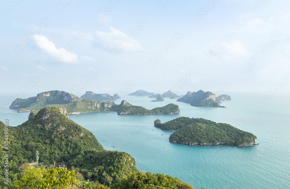 Aerial landscape view group of islands in Angthong islands national marine park in the morning from view point at Wua Ta Lap island at Surat Thani, Thailand summer holidays concept