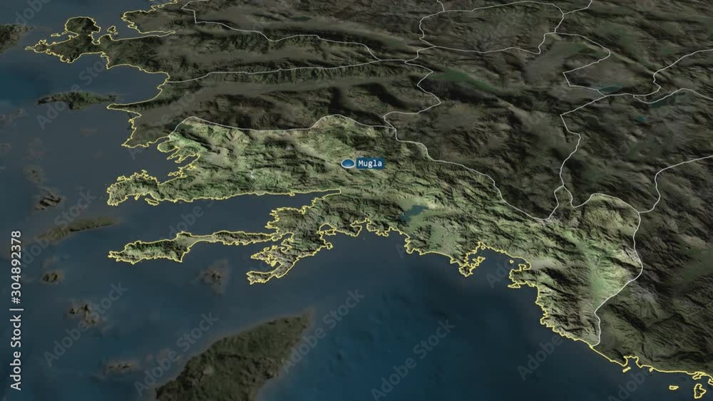 Mugla - province of Turkey with its capital zoomed on the satellite map of the globe. Animation 3D Mugla - province of Turkey with its capital zoomed on the satellite map of the globe. Animation 3D