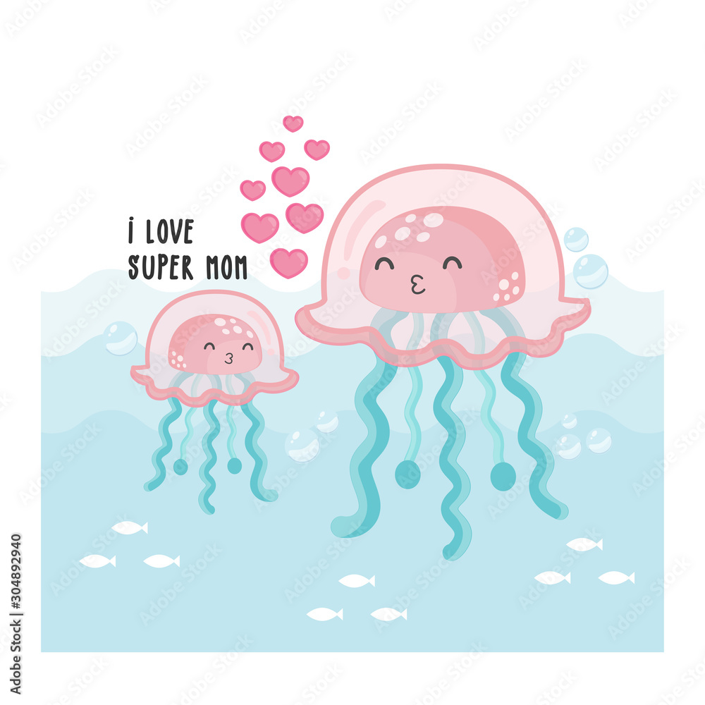 Vector illustration of Cute jellyfish cartoon mom and baby. Stock