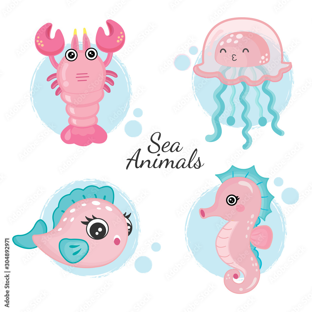 Vector illustration of cute sea animals.