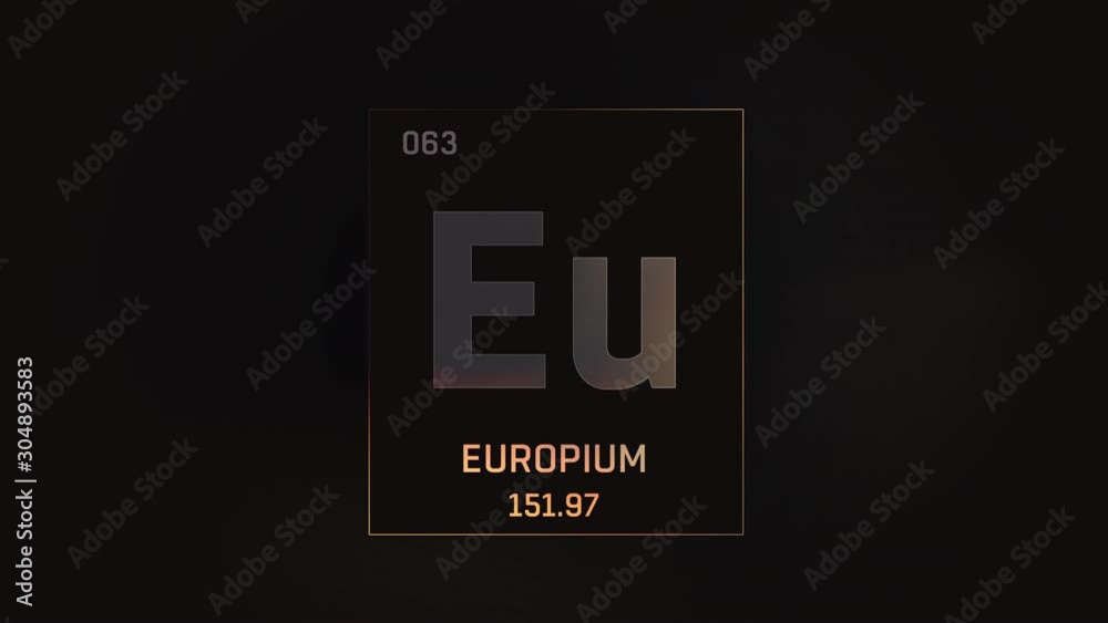 Europium as Element 63 of the Periodic Table. Seamlessly looping 3D animation on grey illuminated atom design background with orbiting electrons. Design shows name, atomic weight and element number Europium as Element 63 of the Periodic Table. Seamlessly looping 3D animation on grey illuminated atom design background with orbiting electrons. Design shows name, atomic weight and element number