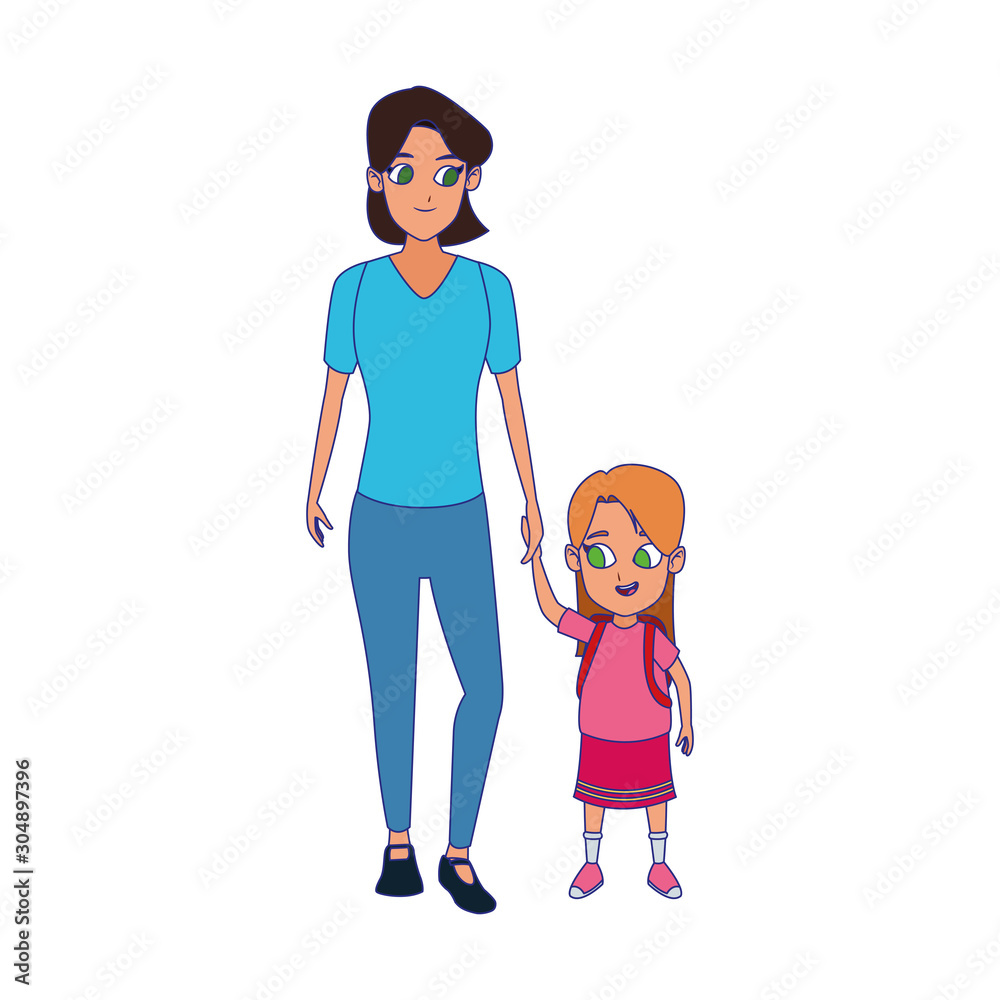 cartoon woman with little girl, flat design cartoon woman with little girl, flat design
