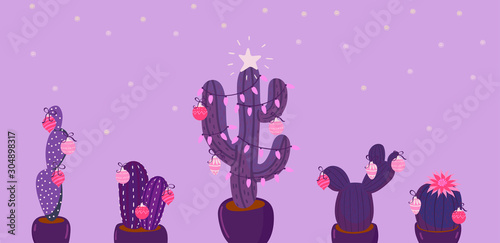 Banner with Christmas cacti in purple. Vector graphics.