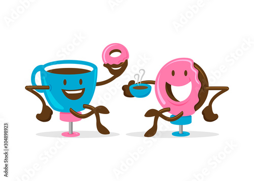 Cup of coffee and doughnut character or mascot, happy and fun cartoon vector