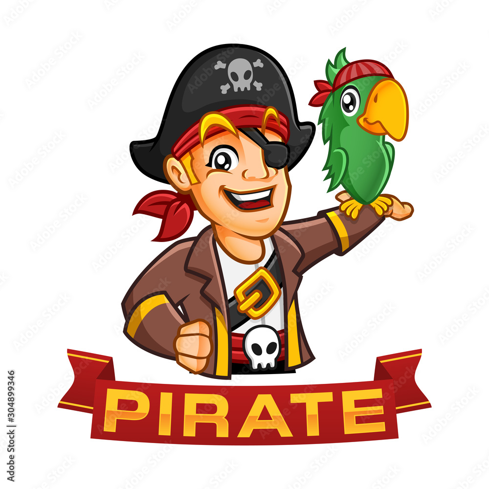 Naklejka premium Pirate boy character or mascot cartoon with a parrot at his arm, fun vector illustration