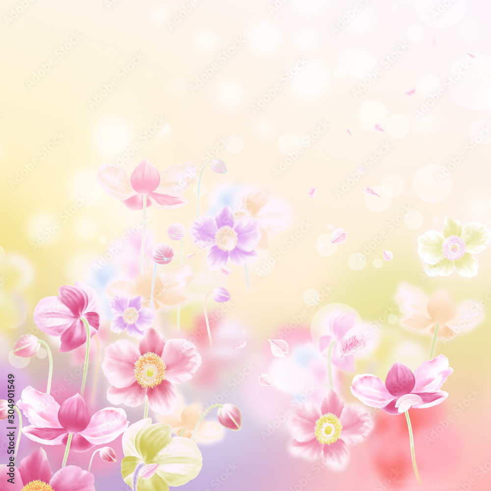 Abstract floral backdrop of pink flowers over pastel colors with soft style for spring or summer time. 