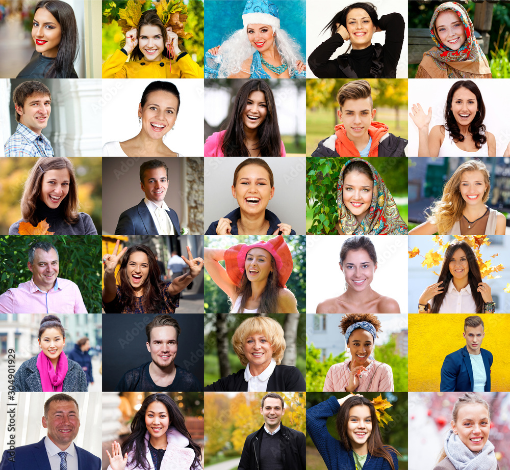 Collage of photos of young and real happy people over 16 years old