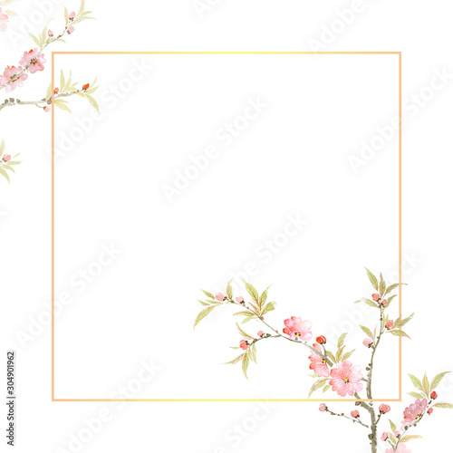 Set of card with flower rose, leaves. Wedding ornament concept. Floral poster, invite. Decorative greeting card, invitation design background.Oriental style painting