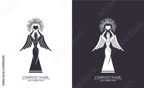 Logo of a woman with wings holding a heart in the hands with rays. Kindness and mercy. Figurine for presentation, template of a beauty contest.