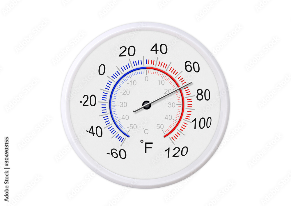Fahrenheit and celsius scale white round thermometer for measuring weather  temperature. Thermometer isolated on white background. Ambient temperature  plus 70 degrees fahrenheit Stock Photo