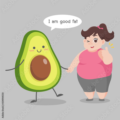 Fat woman love avocado good fat Ketogenic Diet weight loss Healthcare concept cartoon.