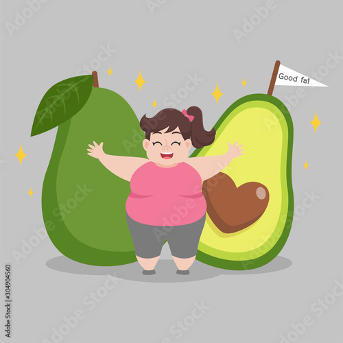 Fat woman love avocado good fat Ketogenic Diet weight loss Healthcare concept cartoon.