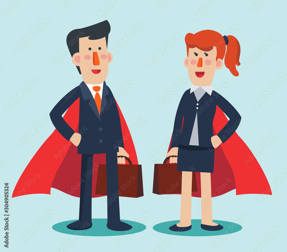 9Super Business man and business woman. Cartoon superhero standing with  cape waving in the wind. Successful hero businessman and businesswoman  Success, leadership and victory in business vector concep Stock Vector |  Adobe