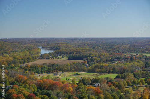 Washington Crossing, PA: View of the Delaware River and Pennsylvania countryside from Bowman's Hill Tower in Washington Crossing Historic Park.