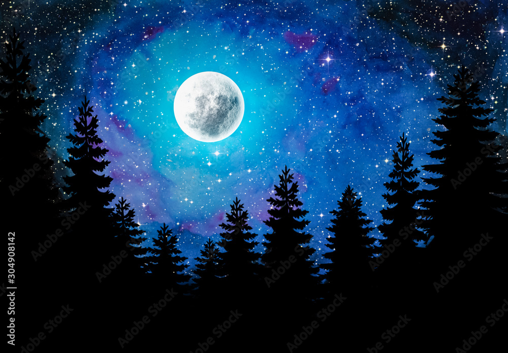 Fototapeta premium Backgorund nocnego nieba z pełnią księżyca i sylwetka drzewa.