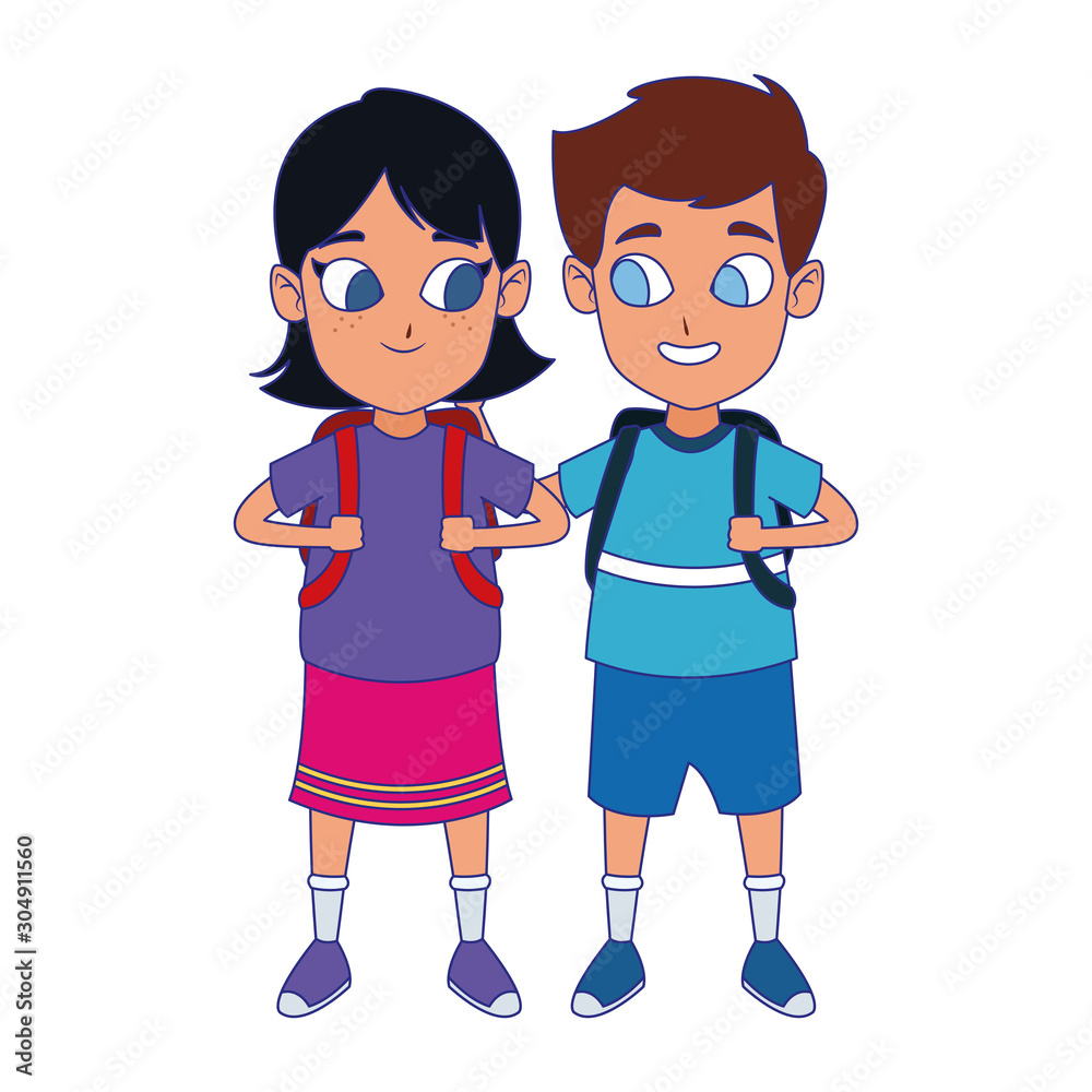 cute kids with school backpacks, colorful design