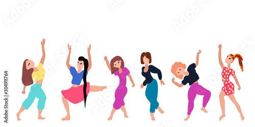 A set of dancing and jumping girls in colorful clothes. Vector illustration. Character collection. Isolated